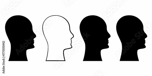 Four profile silhouettes of human heads three black and one white outline representing diversity and individuality