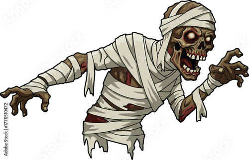 Cartoon mummy with skeletal face, glowing red eyes, tattered bandages, decayed flesh, horror undead character, Halloween monster, vector illustration