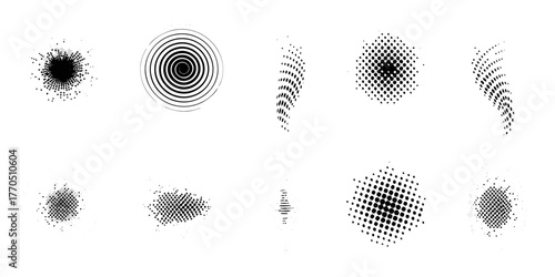 Collection of halftone dots and spiral graphic elements on white background
