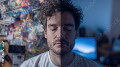 split-screen visual: left side shows phones, social media and the right side shows calm expression