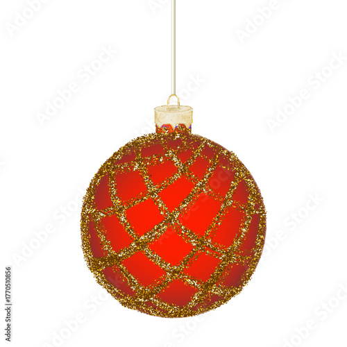 Elegant Red and Gold Christmas Bauble. Red Christmas ornament ball decorated with sparkling gold glitter lattice pattern hanging on a white background