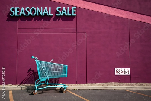 A teal shopping cart silhouette sits outside a business during a sale