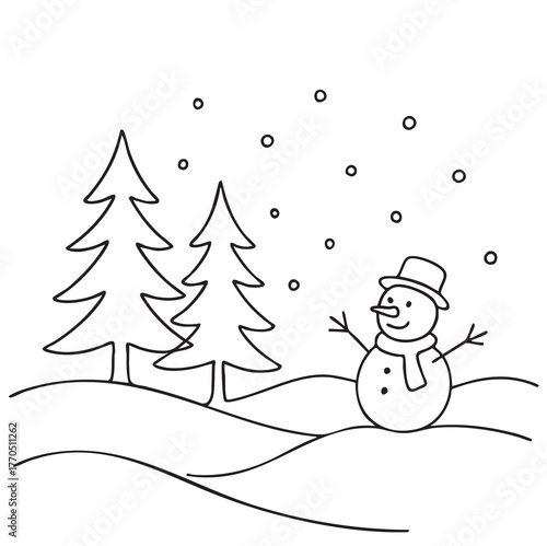 line sketch winter landscape with Christmas trees and snowman. Simple, primitive