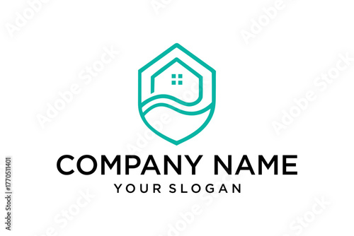 Modern Minimalist House Shield Wave Logo Design for Real Estate and Home Security