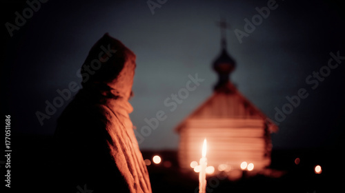 Person in traditional robe standing before an Orthodox church at dusk, holding a candle in a serene atmosphere