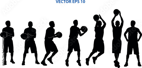 Basketball jump shot sequence, player silhouette in motion, black vector illustration, athletic form, sports training, shooting technique concept