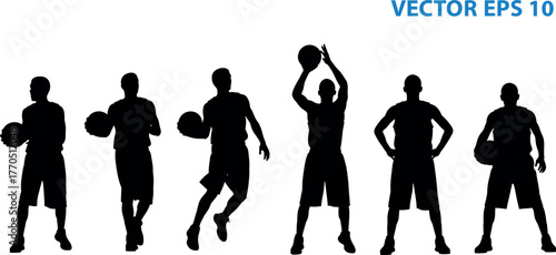 Basketball player silhouettes, action poses with ball and hoop, black vector illustration, sports movement, athletic stance, training concept art