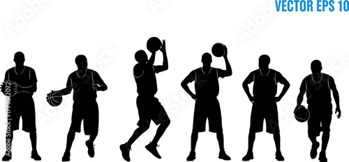 Basketball player silhouettes, action poses, dribbling, shooting, jumping, black vector illustration, sports movement, athletic stance, training concept art