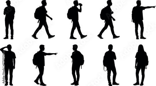 Casual people silhouettes with backpacks, walking and standing poses, black vector illustration set, lifestyle concept, character design reference