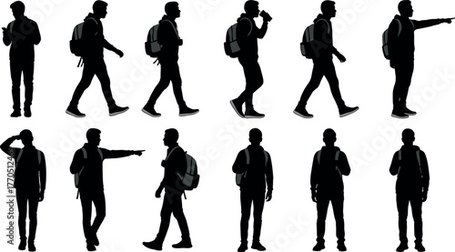 Casual backpack silhouettes, walking and standing poses, black vector illustration set, lifestyle concept, youth travel, character design reference