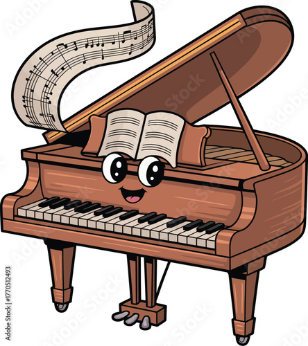 An illustration of a classic black and white grand piano with its keyboard isolated for musical entertainment