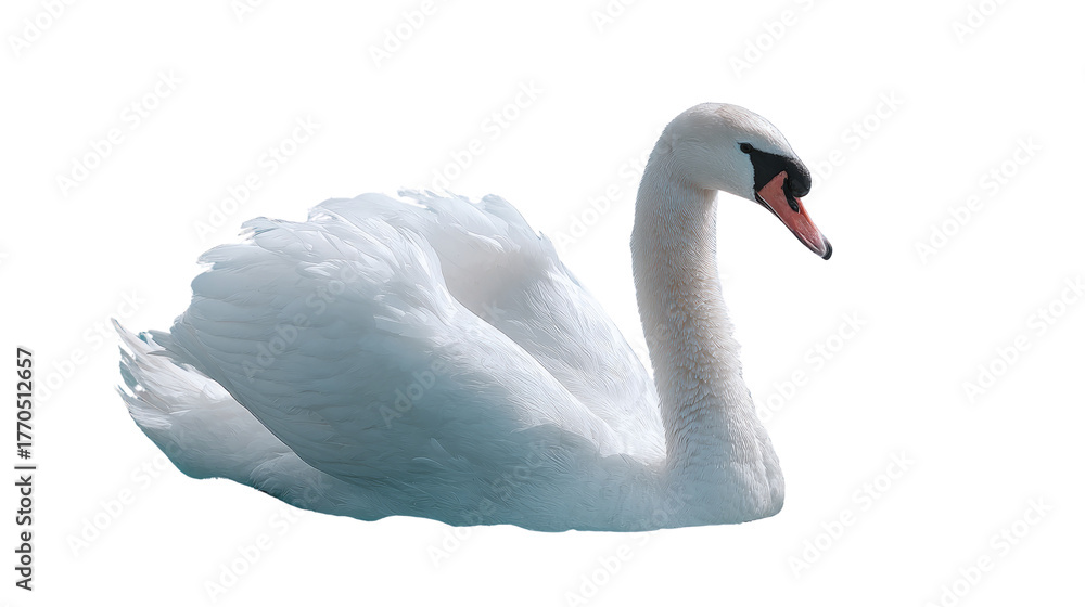 Obraz premium Beautiful mute swan, Cygnus&nbsp;olor, gliding peacefully on the blue water of a lake, its white feathers reflecting with grace in the calm nature