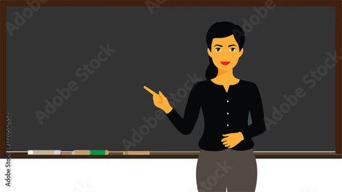 Woman Teacher at Blackboard Colorful Vector Illustration – Female Educator Character, Classroom Scene, and Modern Education Graphic

