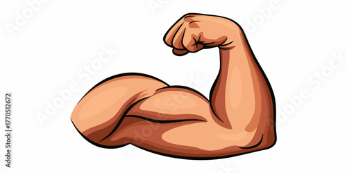 Cartoon illustration of a muscular arm flexing its bicep with a clenched fist against a white background