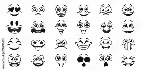 Collection of diverse cartoon faces expressing a wide range of emotions and expressions