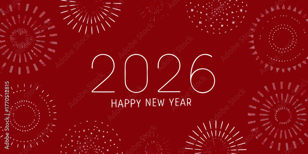 Fototapeta premium Happy new year 2026 with festive white fireworks on a deep red background