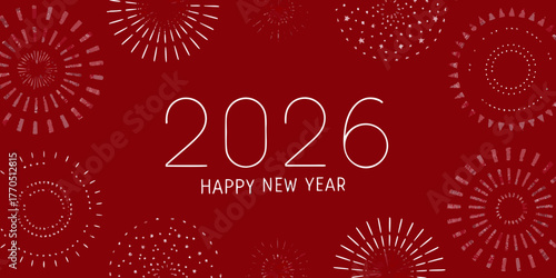 Happy new year 2026 with festive white fireworks on a deep red background