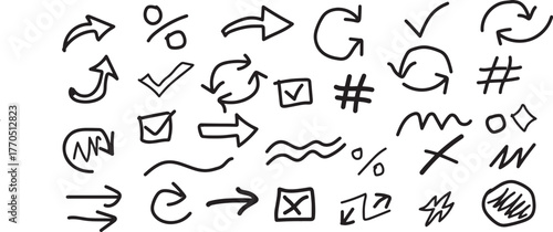 Hand-drawn doodle collection of arrows checkmarks symbols and shapes scalable vector illustration