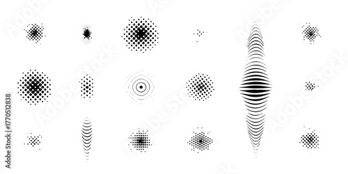 Collection of abstract black and white graphic design elements and halftone patterns on a white background