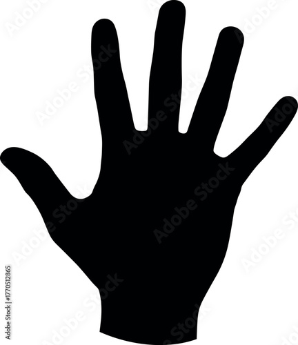 Human hand silhouette, left palm facing viewer, fingers spread apart, black vector illustration, gesture symbol, anatomy graphic, design template