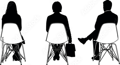 Silhouette of business people sitting on chairs in waiting room, teamwork, corporate interview concept, modern office background illustration