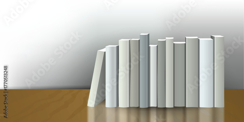 Book shelf. Realistic 3D Vector illustration. White, grey design. Bookstore indoor.