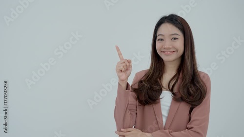 portrait working woman, smiling Asia girl point on free space, freelance, out site, research, copy space, happy cheerful cute business, positive energy, Business plan, female executive