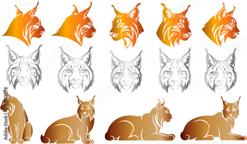Collection of lynx illustrations in various poses and metallic color gradients