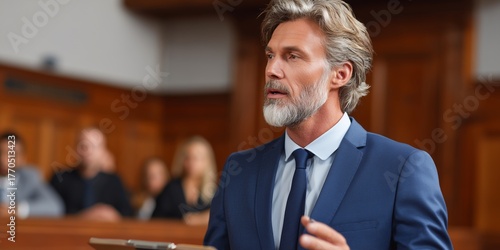 Confident male lawyer in a navy blue suit speaking in court during a trial. He has gray hair and a beard, and appears serious and persuasive. The courtroom background includes a wooden interior