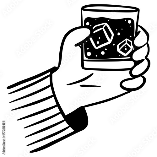 Male hand holding a whiskey glass with ice cubes. Simple black and white vector illustration for bar, party or drink concept.