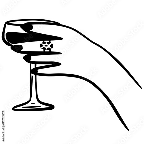Female hand with elegant ring holding a cocktail glass. Minimalist black and white vector illustration for celebration, party or luxury lifestyle design.