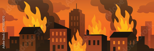 chaos concept, burning city with fire flame smoke, represent violence protest recession inflating, vector  