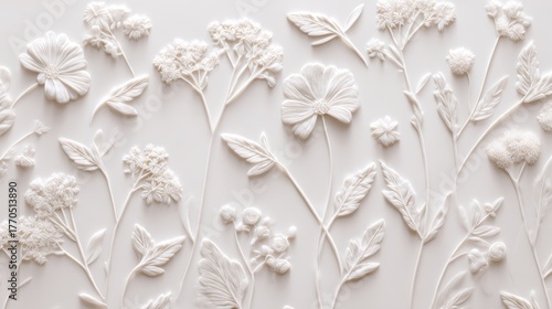 embossed bas-relief ceramic tiles, minimal ornate botanical flowers