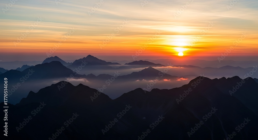 Obraz premium Sunrise over mountain peaks a scenic landscape with fog creating a tranquil atmosphere