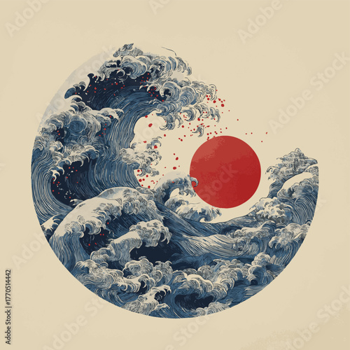 Japanese water wave illustration with traditional ocean motifs - flowing blue sea waves, foam clouds with drops and red sun on cream background. Oriental art style for decorative or cultural projects.