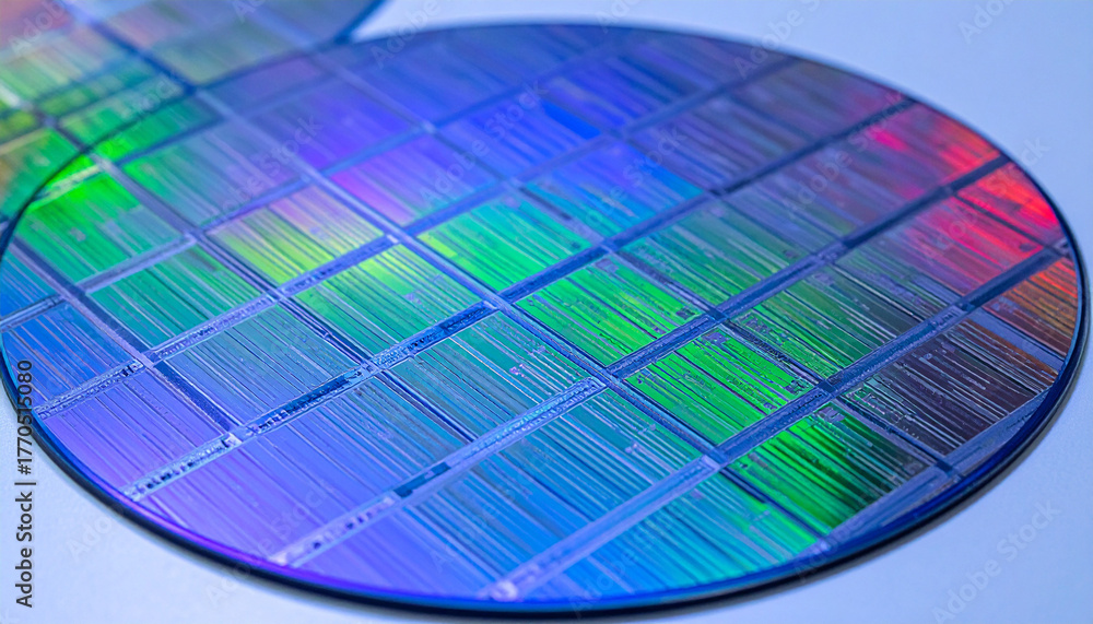 Fototapeta premium シリコンウェーハの表面に広がる半導体集積回路が描くテクノロジーの芸術