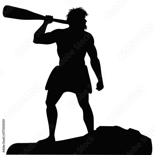 Caveman Silhouette Holding Club Standing on Rock