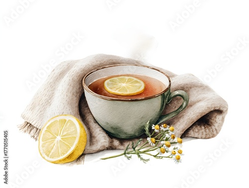 Watercolor illustration of steaming cup of herbal tea with lemon and chamomile on cloth, perfect for wellness blog, recipe card