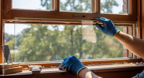 Hands installing new window glass into wooden frame during repair — perfect for home maintenance, DIY projects, window replacement and seasonal home prep content.