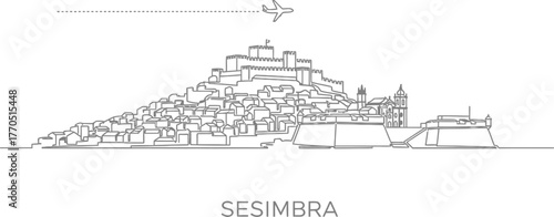 Sesimbra Portugal Skyline with Castle and Airplane Silhouette