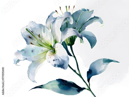 Elegant single white lily in soft watercolor style on light gray-blue background, perfect for sympathy cards, botanical art prints