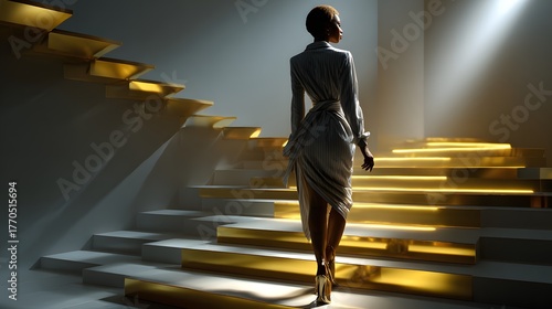 Confident woman in long coat walking up golden steps in minimal studio light, perfect for leadership articles, business success visuals