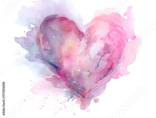 Soft watercolor heart in layered pink and purple tones with splashes and sparkles, perfect for romantic cards, valentine designs