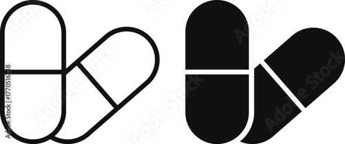 Capsule icon set. Medicine Capsule and Pharmaceutical Drug symbols. Healthcare Pill or Vitamin Supplement sign. 