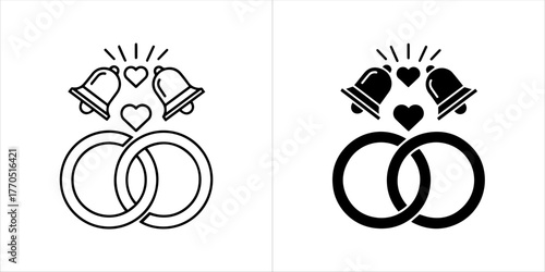 Outline and solid icon of wedding rings with bells and hearts