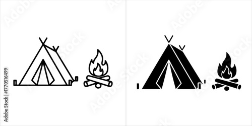 Simple outline and filled icons of a tent and campfire