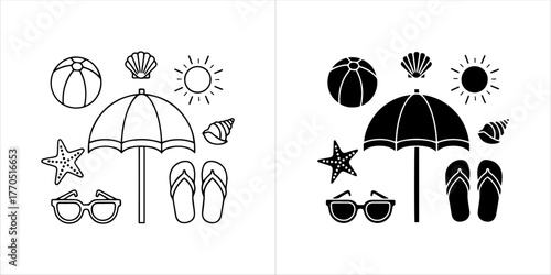 Beach vacation icons, including umbrella, sunglasses, flipflops, starfish, and seashells