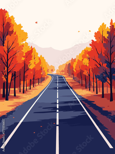 Scenic Road Through Autumn Forest with Mountains in Background