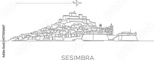 Sesimbra Portugal Skyline with Castle and Airplane Silhouette