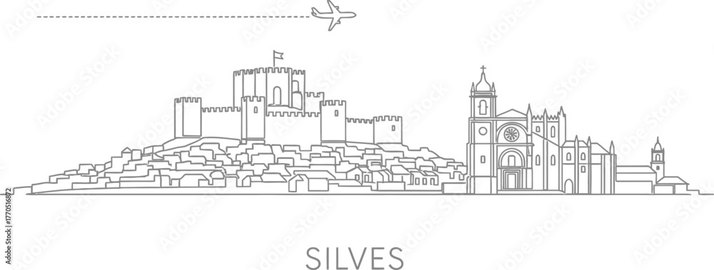 Fototapeta premium Silves Portugal Skyline Illustration with Castle and Airplane